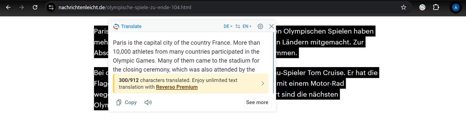 The Reverso Translation tool is translating highlighted text in Google Chrome