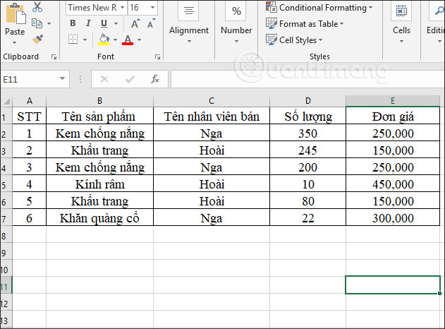 Example of SUMIFS function in Excel